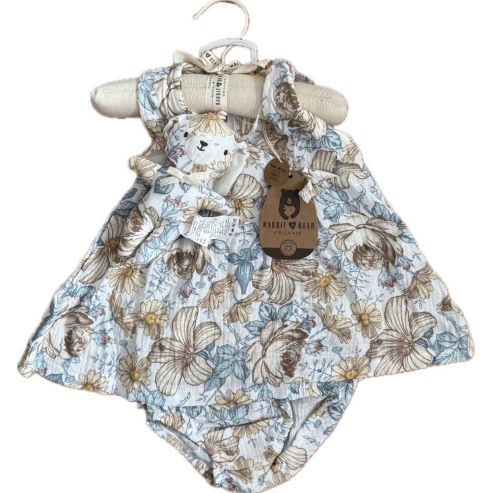 Rabbit + Bear Sustainably Grown Organic Cotton Dress W/Matching Rattle